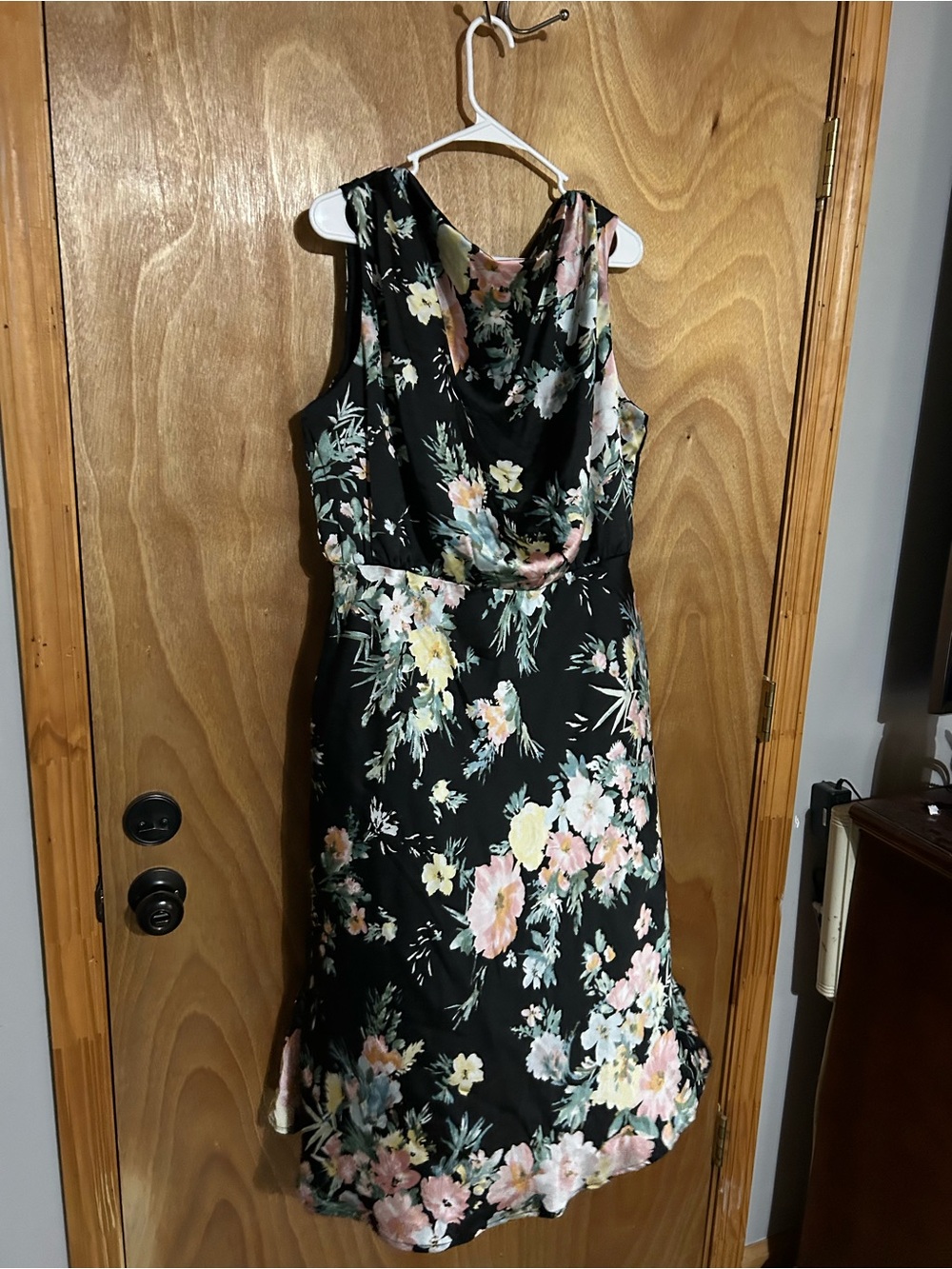 Maurices Black Floral Cowl Neck Dress with Pastel Blooms